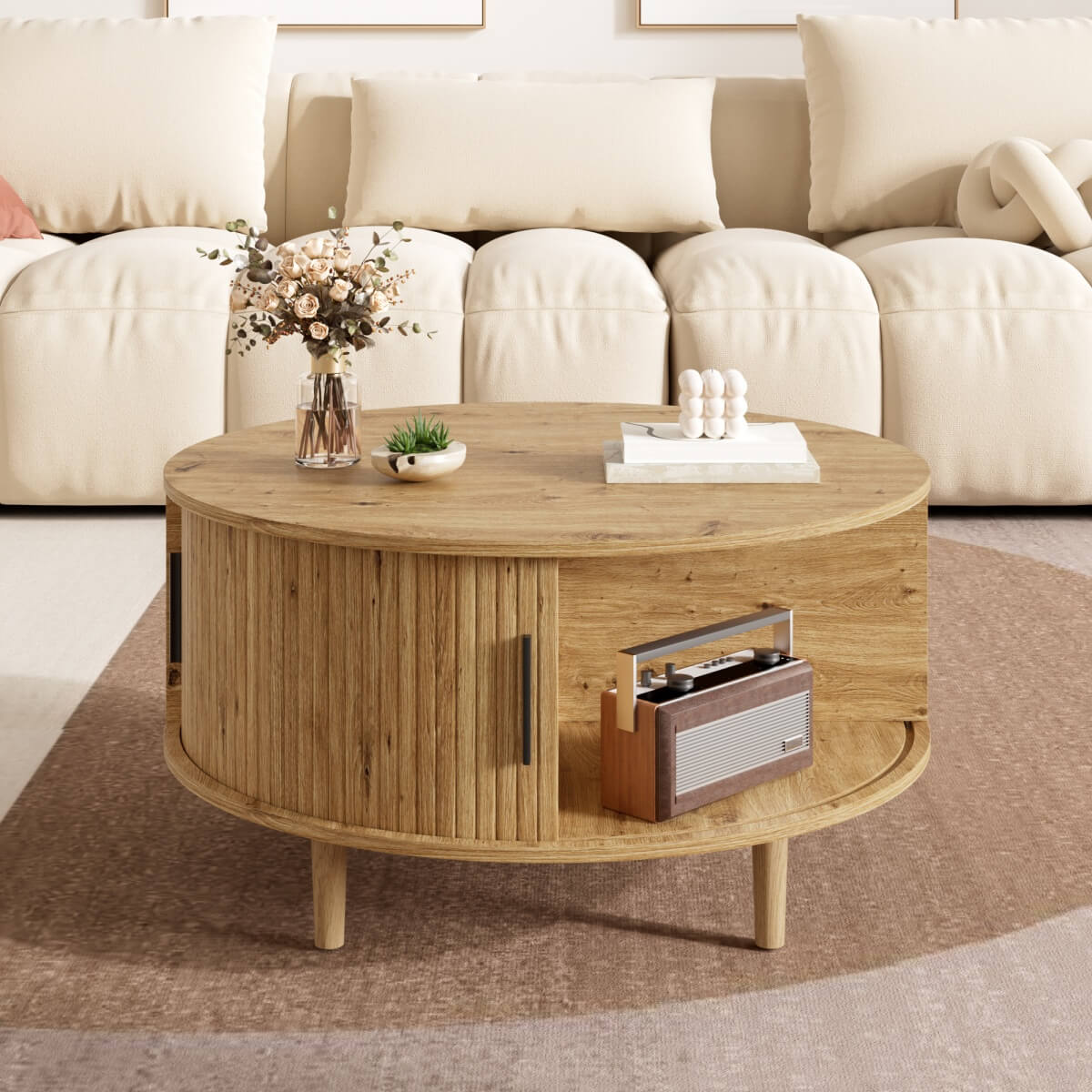 Round Lift Top Coffee Table with Vertical Slat Design - MDF Living Room Table with Hidden Storage and Sliding Door, Oak