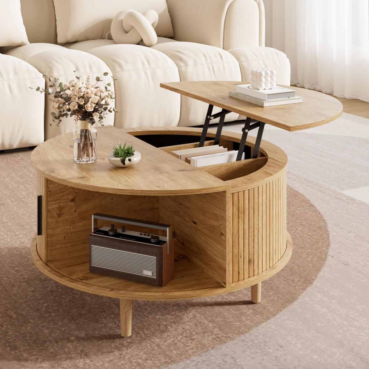 Round Lift Top Coffee Table with Vertical Slat Design - MDF Living Room Table with Hidden Storage and Sliding Door, Oak