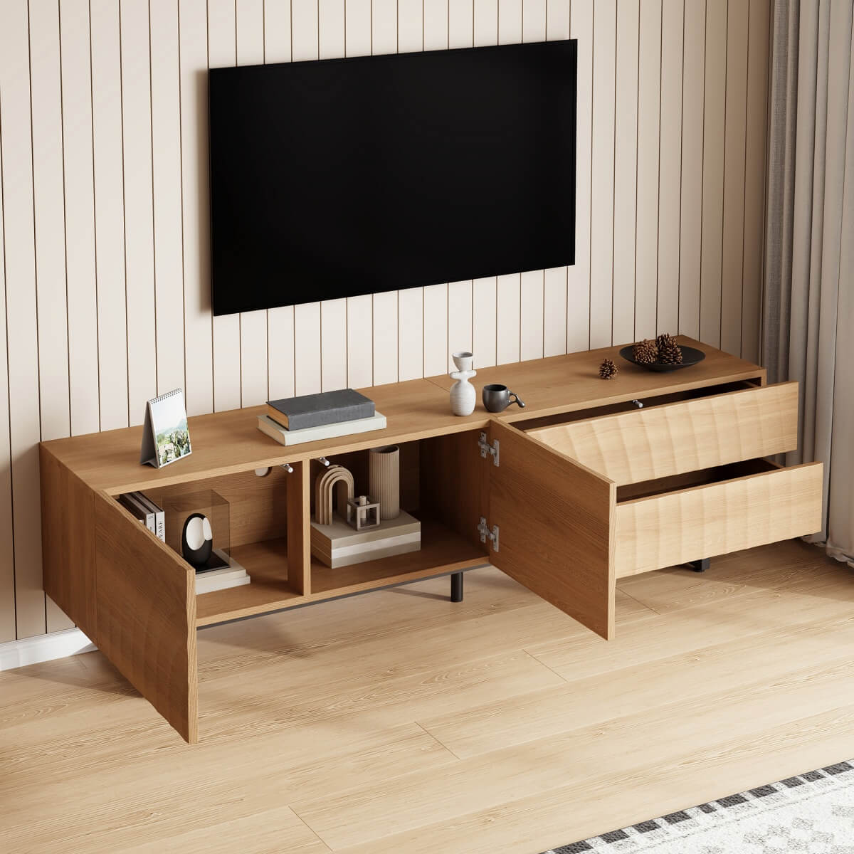 Modern TV Stand - TV Unit with 3D Textured Doors, Low TV Cabinet for Living Room