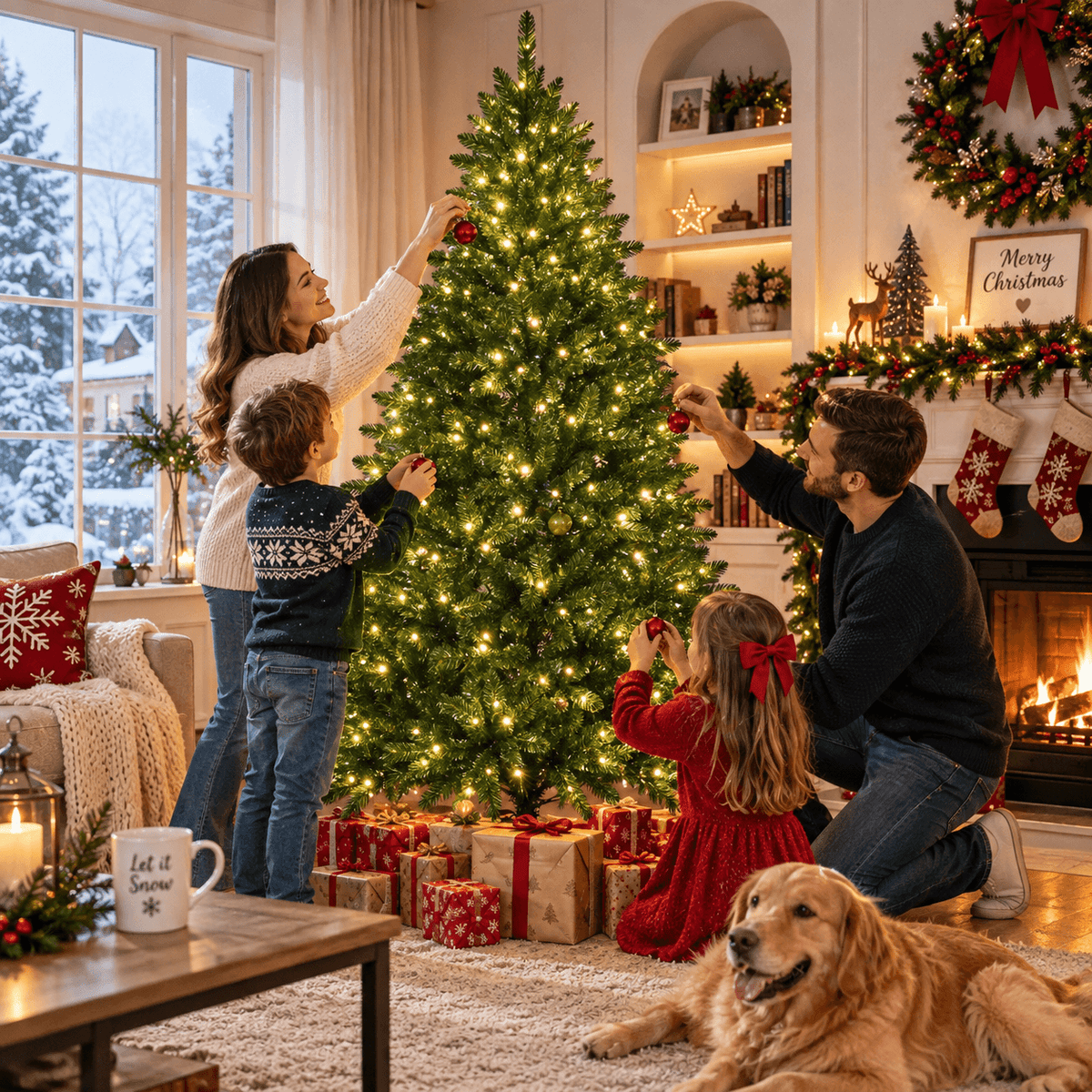 Realistic Full Green Artificial Christmas Tree - Lush PVC Xmas Tree with Pre-Lit Warm White LED Lights for Indoor Festive Decoration, 6ft/7ft