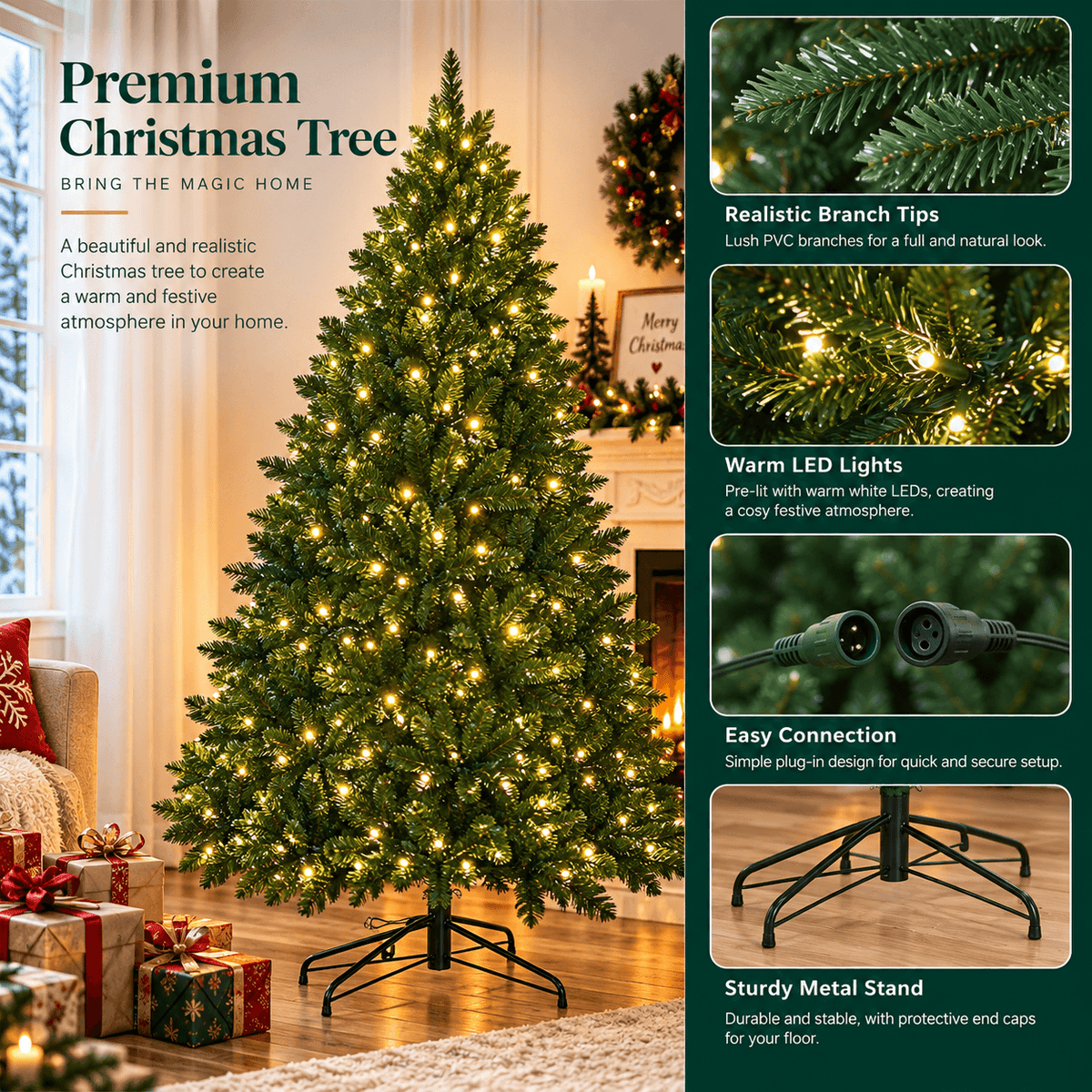 Realistic Full Green Artificial Christmas Tree - Lush PVC Xmas Tree with Pre-Lit Warm White LED Lights for Indoor Festive Decoration, 6ft/7ft