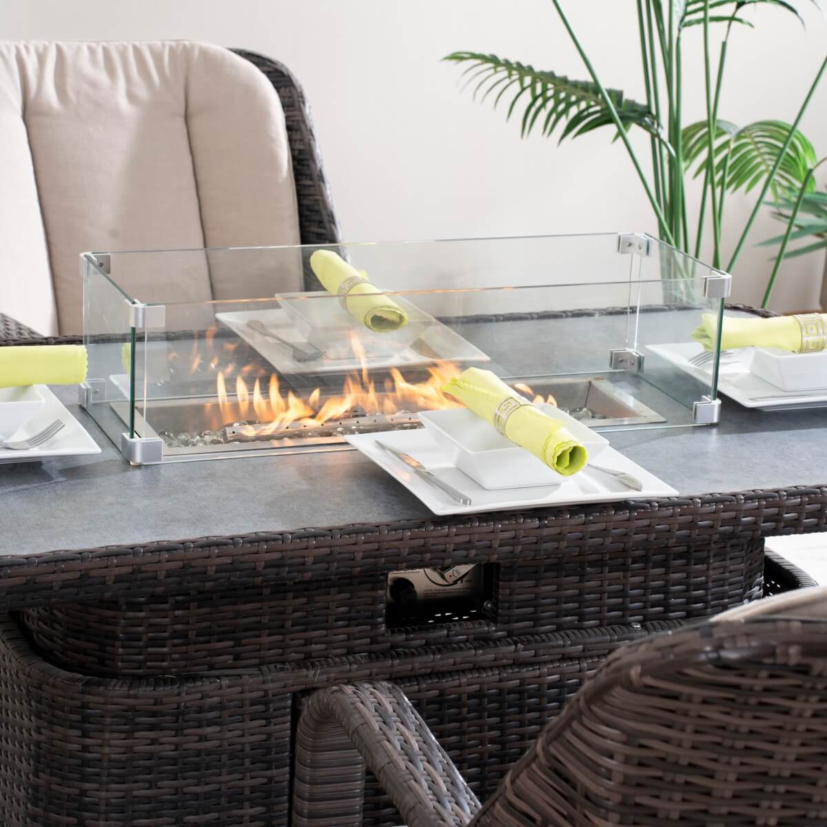 Outdoor Rattan Fire Pit Dining Set with Aluminium Frame — Lift-Top Fire Table & 4 Armchairs