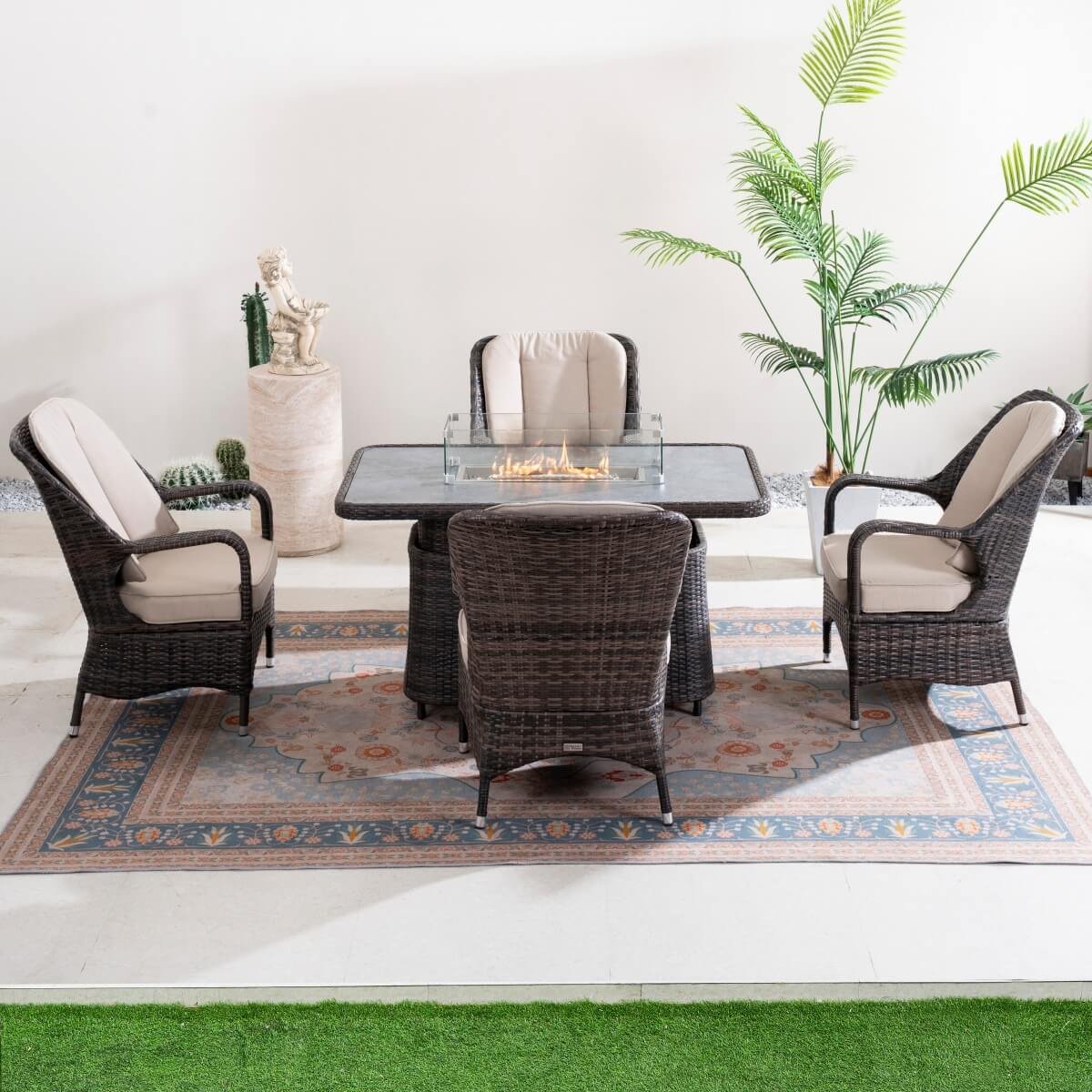 Outdoor Rattan Fire Pit Dining Set with Aluminium Frame — Lift-Top Fire Table & 4 Armchairs