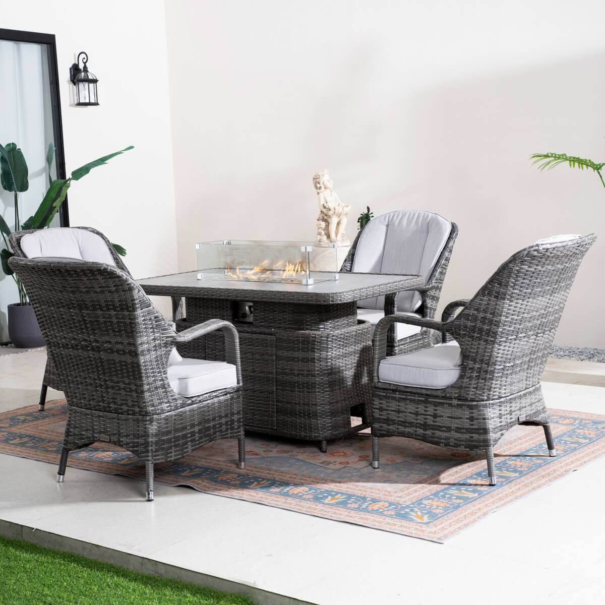 Outdoor Rattan Fire Pit Dining Set with Aluminium Frame — Lift-Top Fire Table & 4 Armchairs