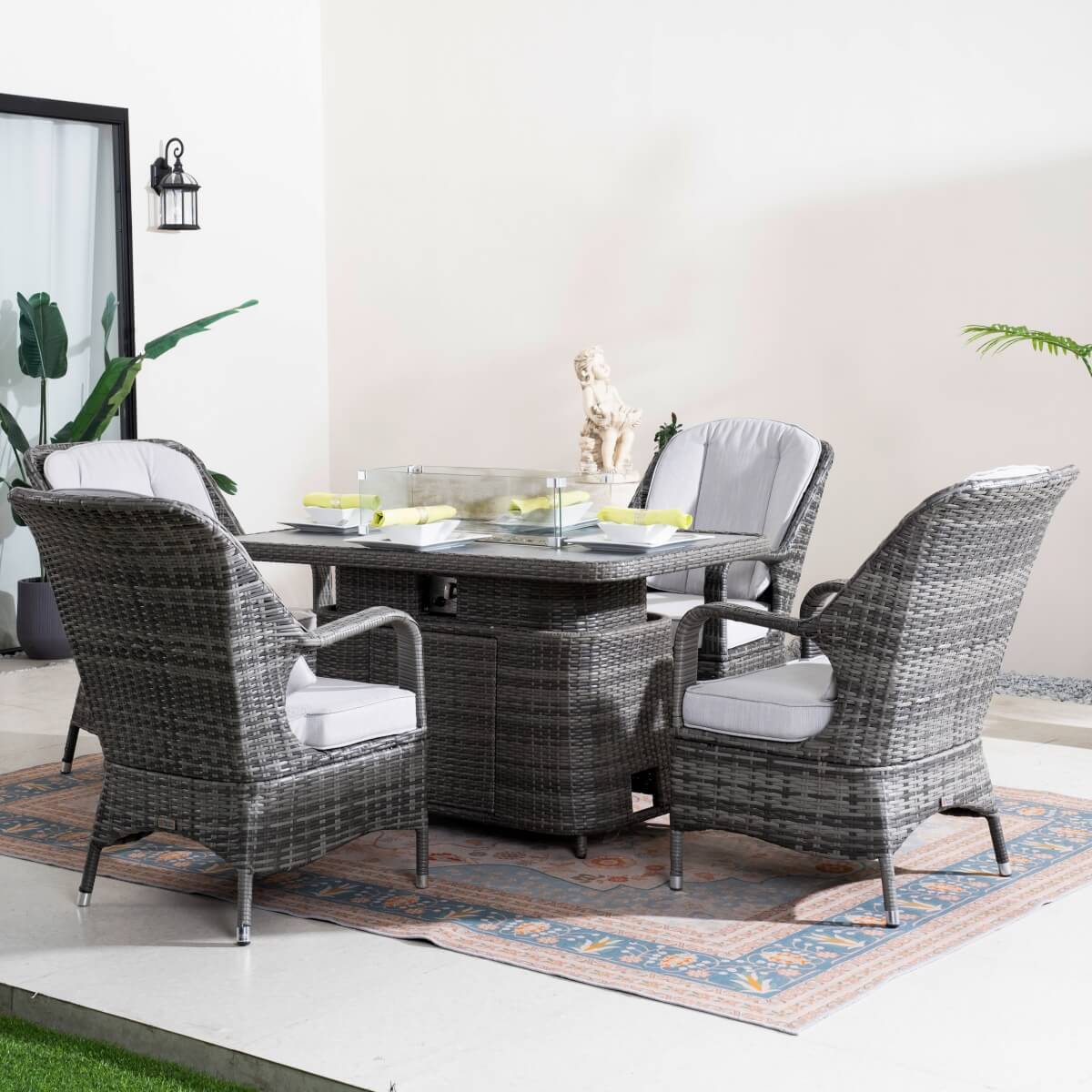 Outdoor Rattan Fire Pit Dining Set with Aluminium Frame — Lift-Top Fire Table & 4 Armchairs