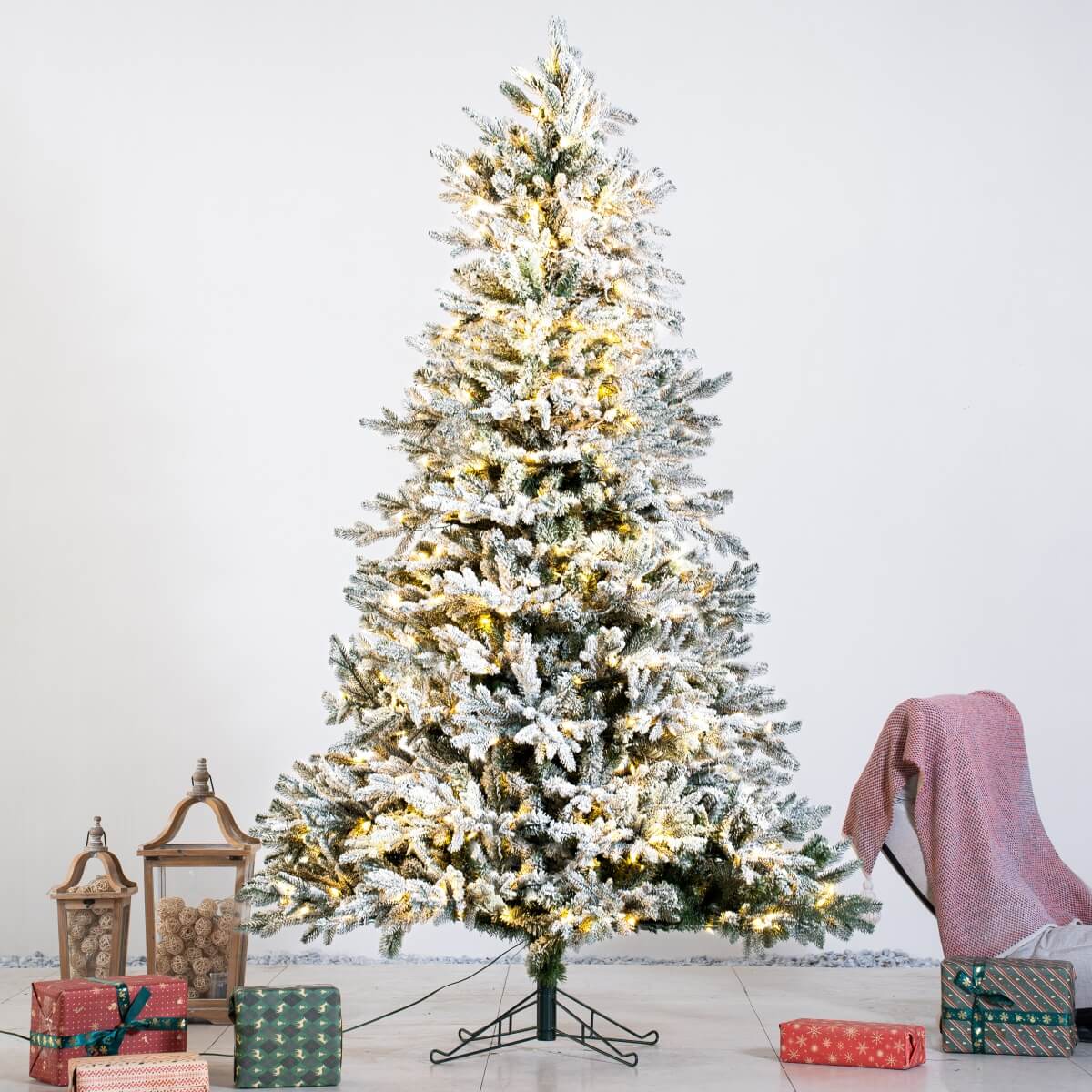 8ft Pre-Lit Finland Fir Artificial Christmas Tree - Lifelike PE/PVC Xmas Tree with 700 LED Lights, Warm & Bright White, Metal Stand