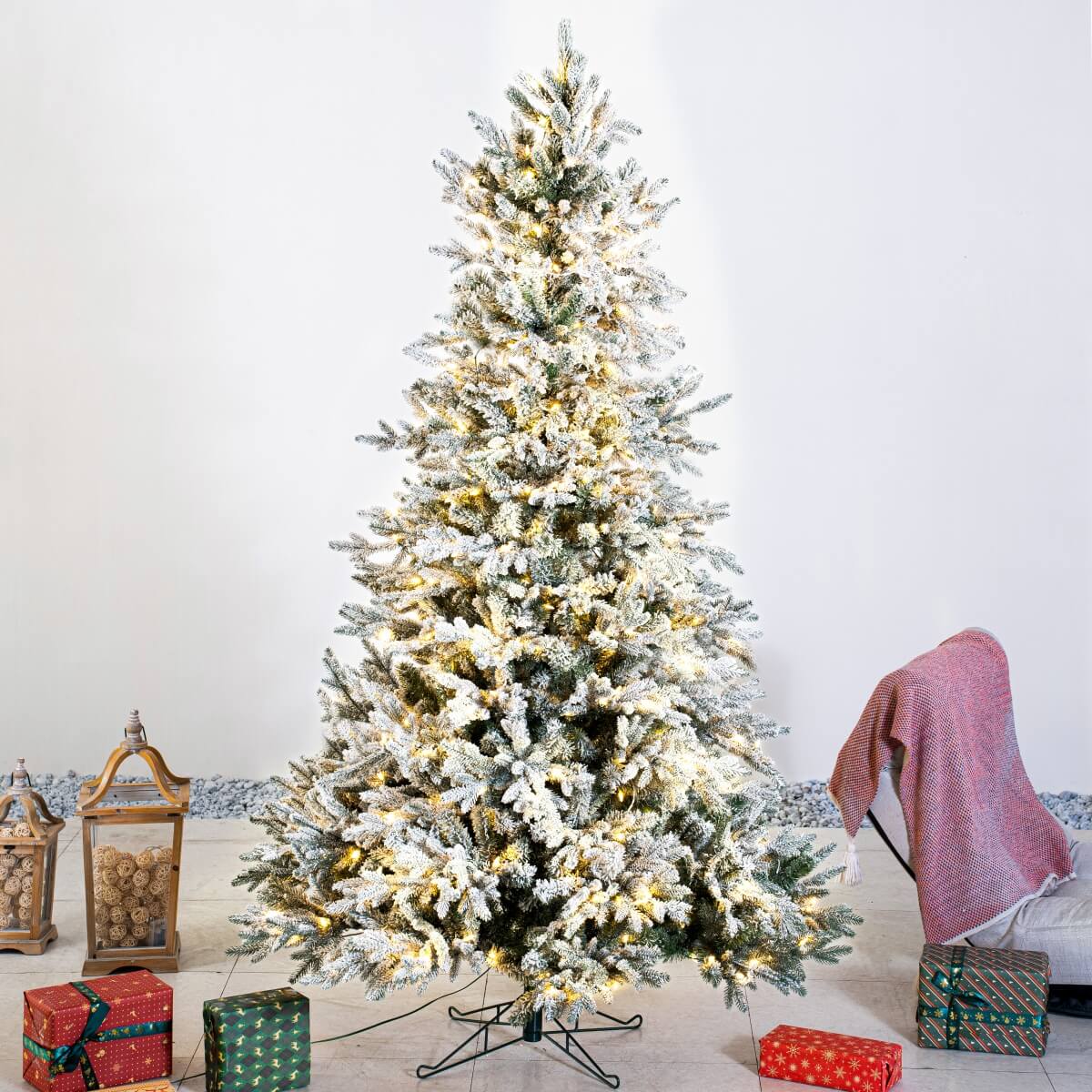 8ft Pre-Lit Finland Fir Artificial Christmas Tree - Lifelike PE/PVC Xmas Tree with 700 LED Lights, Warm & Bright White, Metal Stand