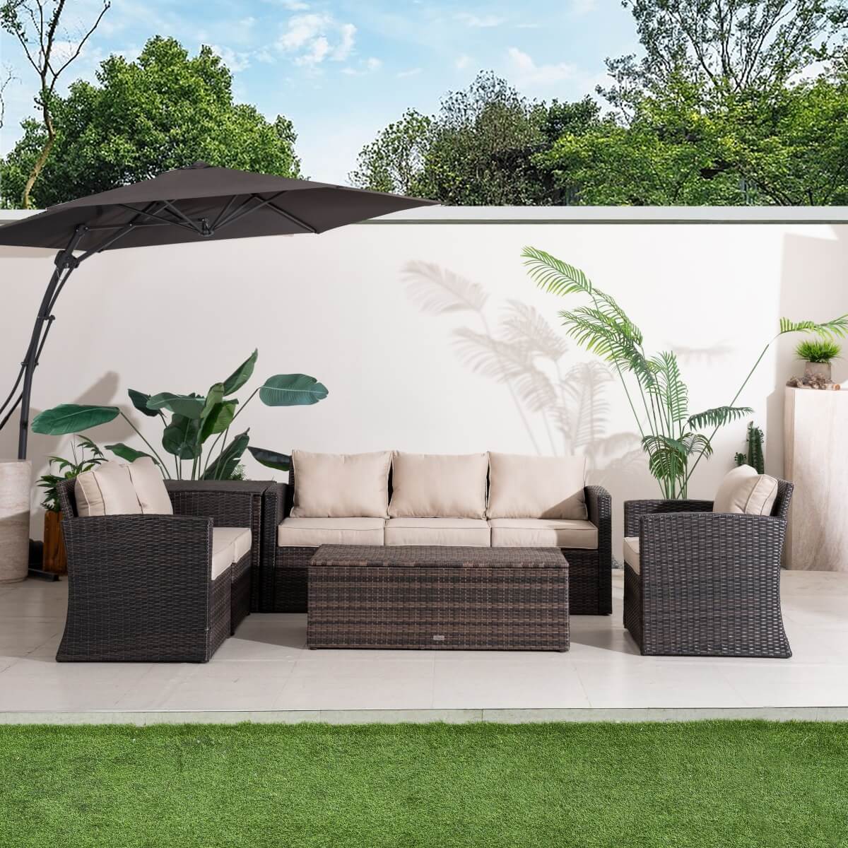 6 Seater Outdoor Garden Lounge Set – Rattan Sofa with Coffee Table and Side Table Featuring Built-In Storage, Cushions Included