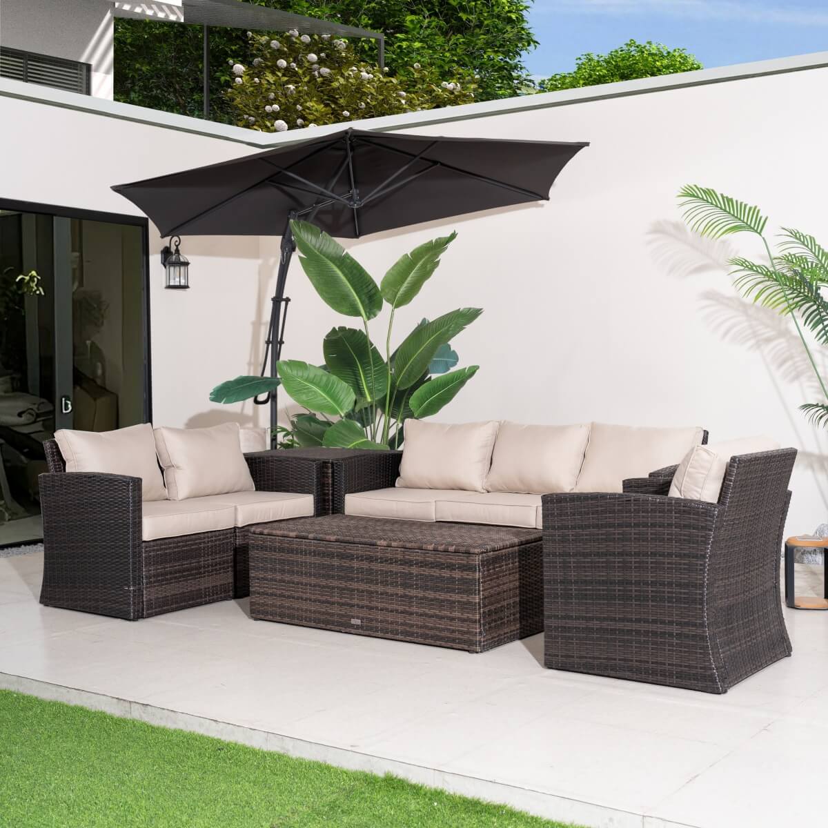 6 Seater Outdoor Garden Lounge Set – Rattan Sofa with Coffee Table and Side Table Featuring Built-In Storage, Cushions Included
