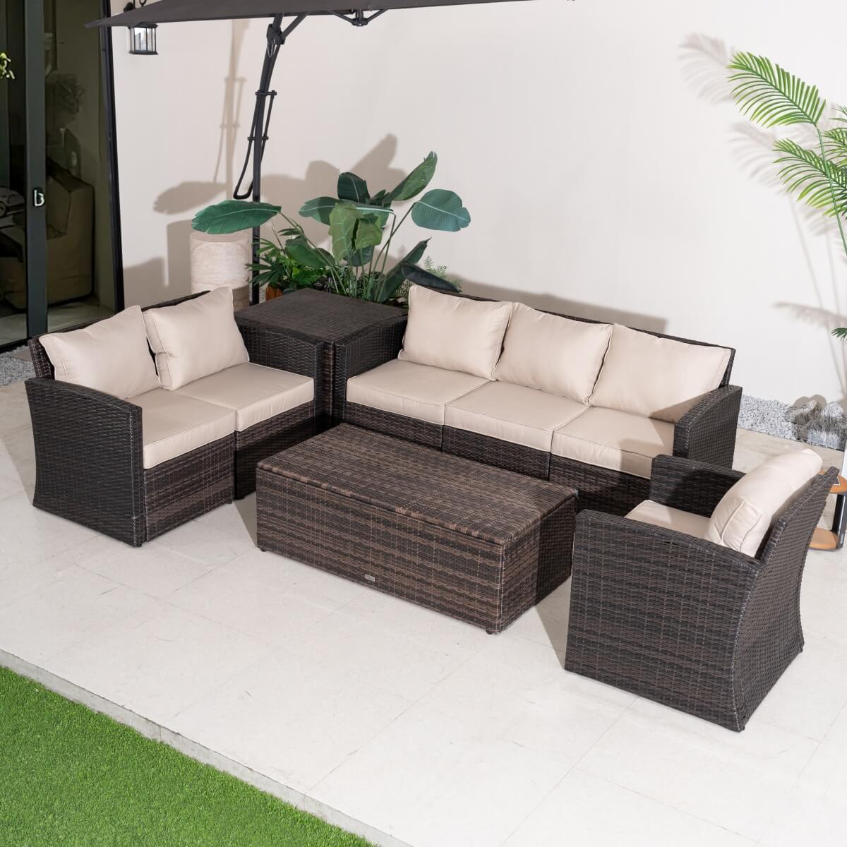 6 Seater Outdoor Garden Lounge Set – Rattan Sofa with Coffee Table and Side Table Featuring Built-In Storage, Cushions Included