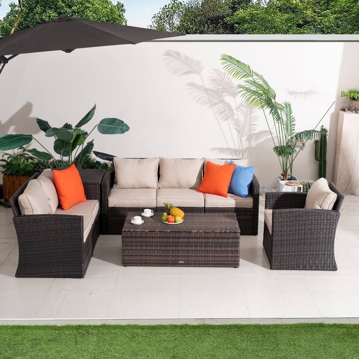 6 Seater Outdoor Garden Lounge Set – Rattan Sofa with Coffee Table and Side Table Featuring Built-In Storage, Cushions Included