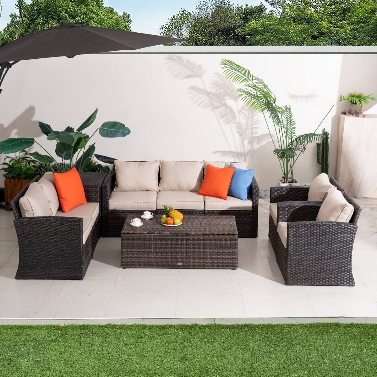 7 Seater Outdoor Garden Lounge Set – Rattan Sofa with Coffee Table and Side Table Featuring Built-In Storage