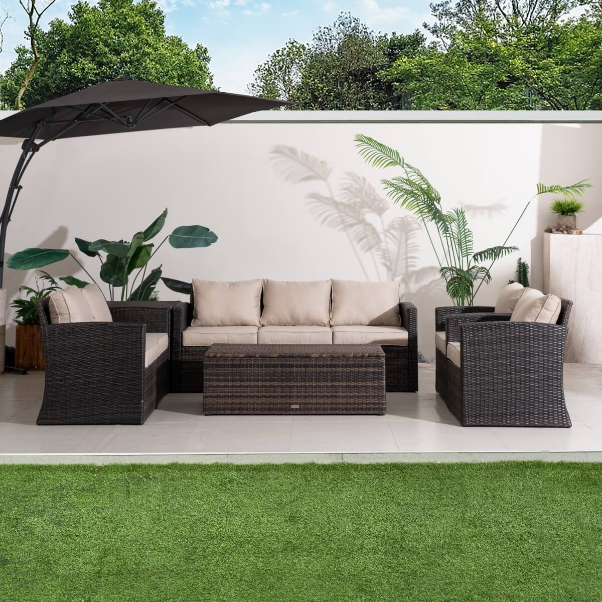 7 Seater Outdoor Garden Lounge Set – Rattan Sofa with Coffee Table and Side Table Featuring Built-In Storage
