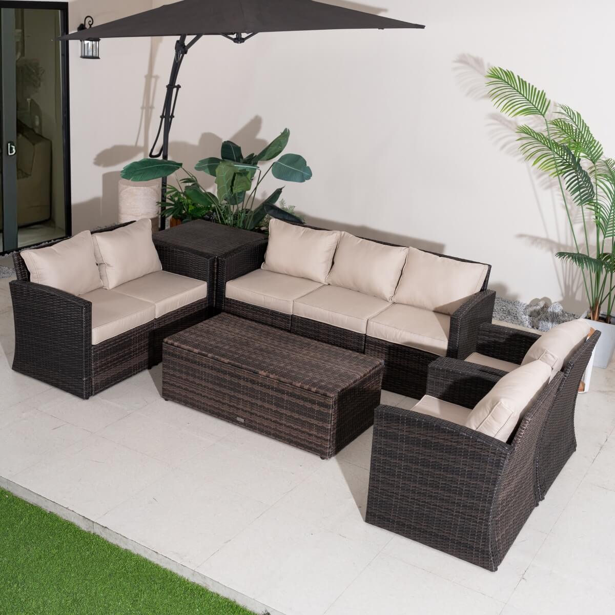 7 Seater Outdoor Garden Lounge Set – Rattan Sofa with Coffee Table and Side Table Featuring Built-In Storage