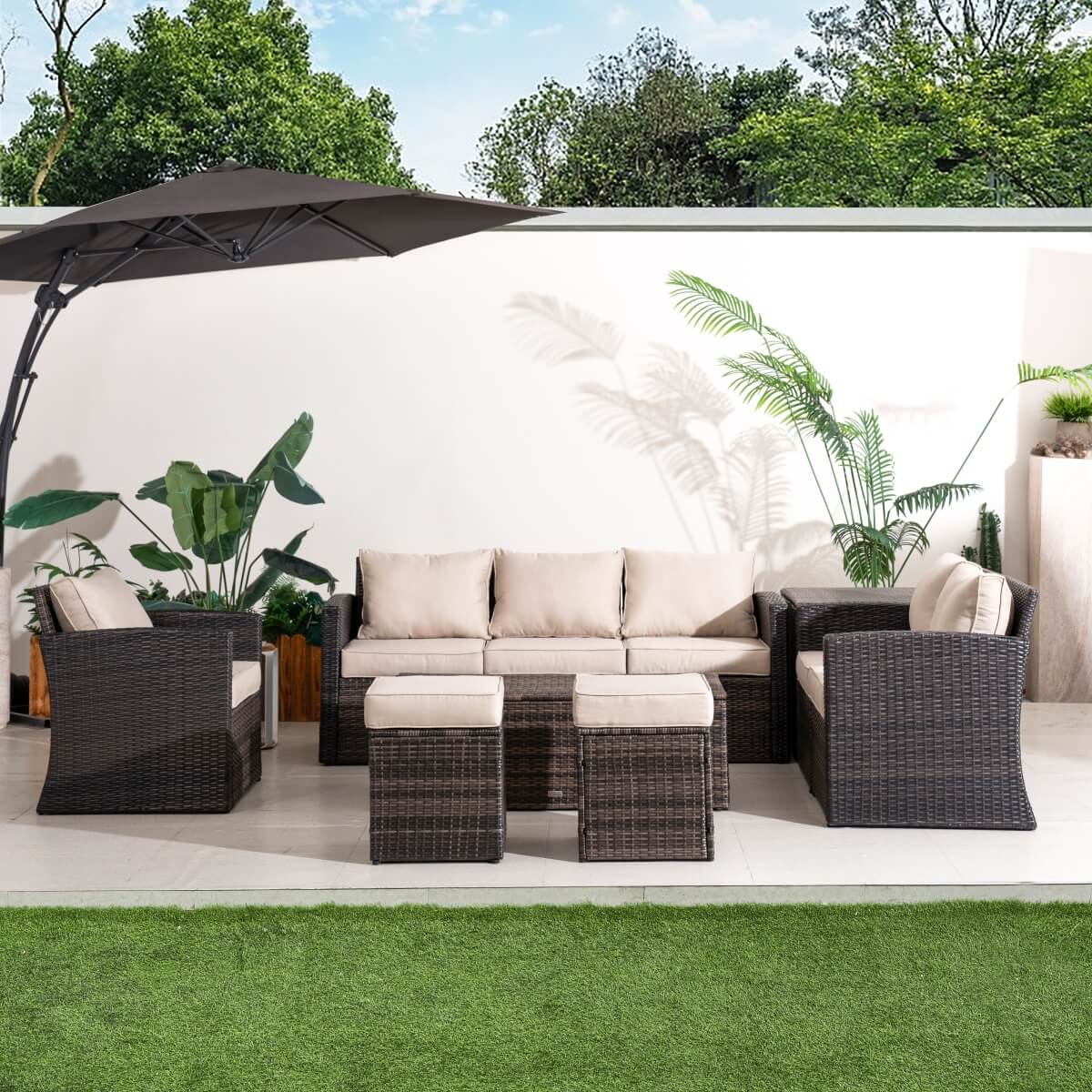 8 Seater Outdoor Garden Lounge Set – Rattan Sofa with Coffee Table and Side Table with Built-In Storage, Footstools and Cushions Included