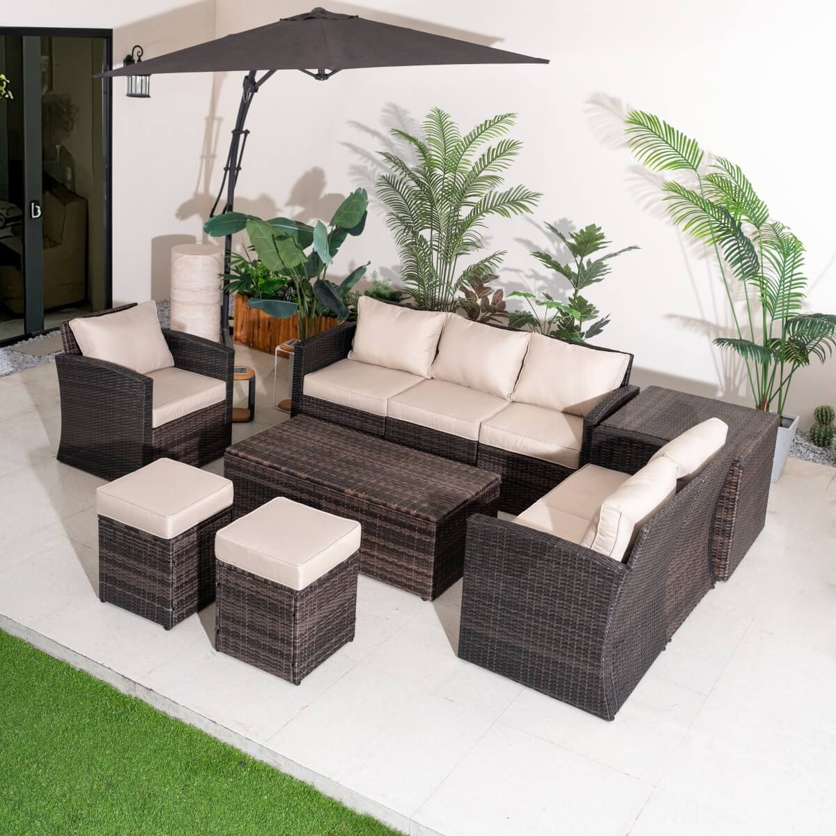 8 Seater Outdoor Garden Lounge Set – Rattan Sofa with Coffee Table and Side Table with Built-In Storage, Footstools and Cushions Included