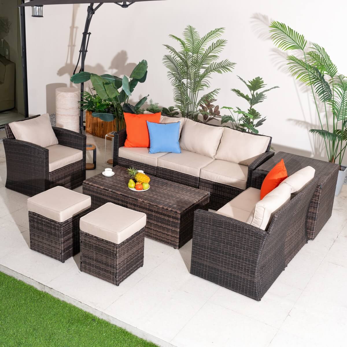 8 Seater Outdoor Garden Lounge Set – Rattan Sofa with Coffee Table and Side Table with Built-In Storage, Footstools and Cushions Included