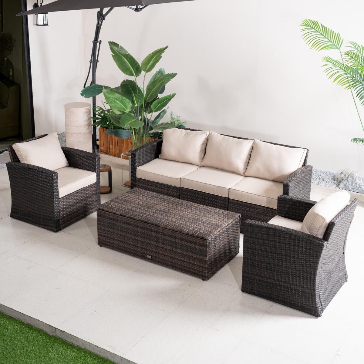 5 Seater Outdoor Garden Lounge Set – Rattan Sofa with Coffee Table Featuring Built-In Storage, Cushions Included