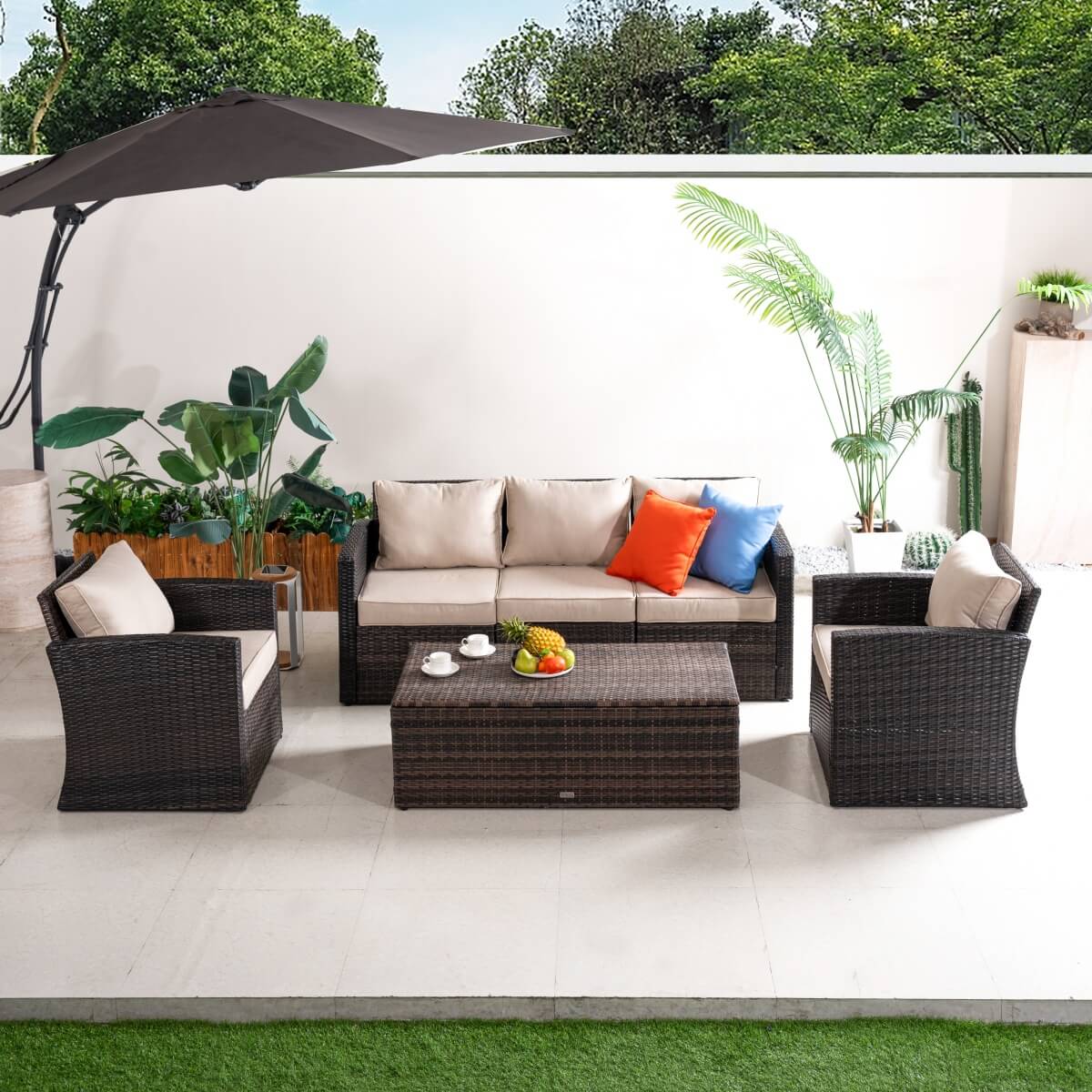 5 Seater Outdoor Garden Lounge Set – Rattan Sofa with Coffee Table Featuring Built-In Storage, Cushions Included