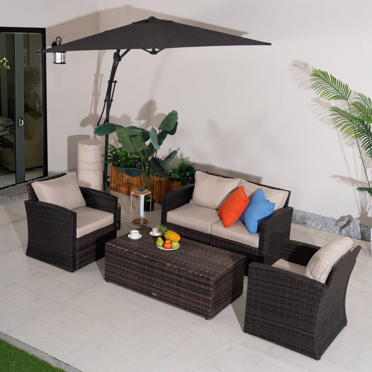 4 Seater Outdoor Rattan Sofa Set – Garden Lounge with Rectangular Coffee Table Featuring Built In Storage