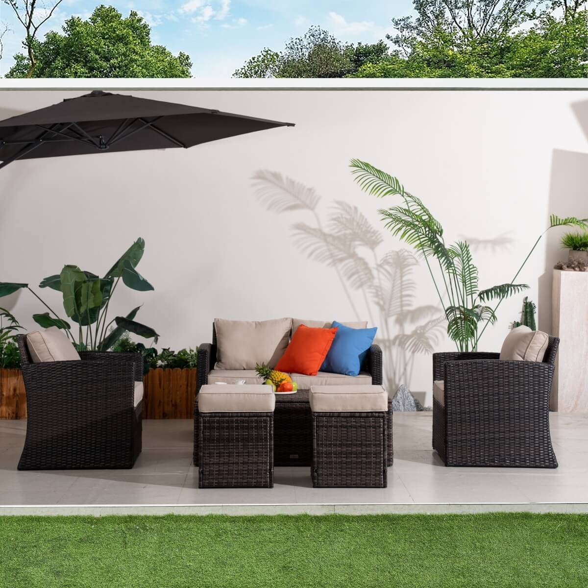 6 Seater Outdoor Rattan Sofa Set – Garden Lounge with Coffee Table Featuring Built-In Storage and Footstools
