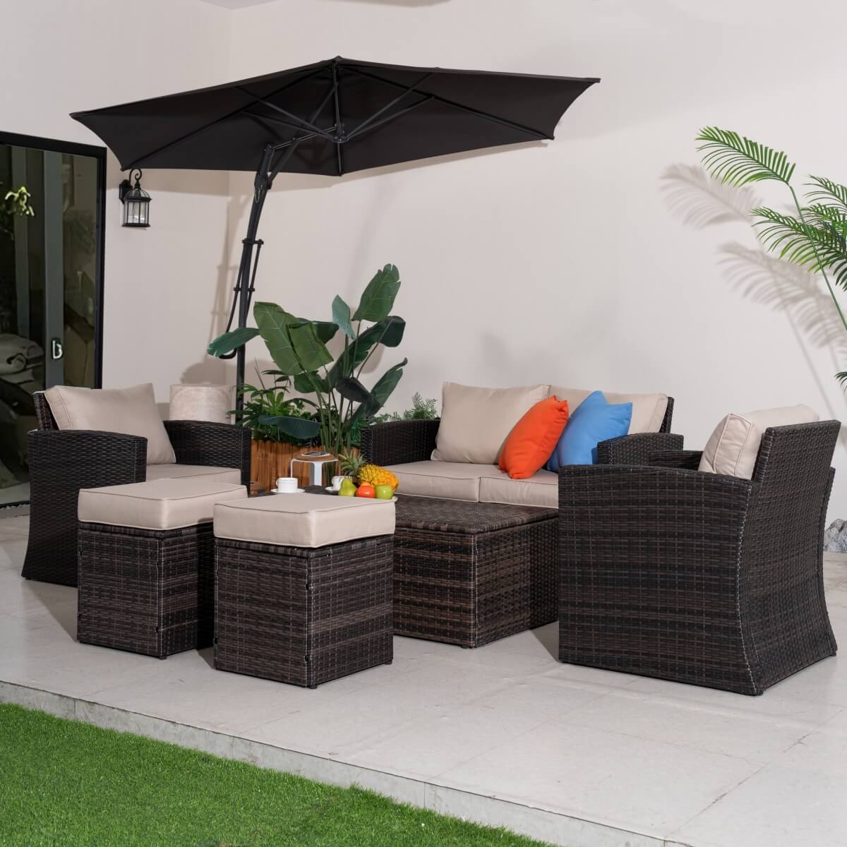 6 Seater Outdoor Rattan Sofa Set – Garden Lounge with Coffee Table Featuring Built-In Storage and Footstools