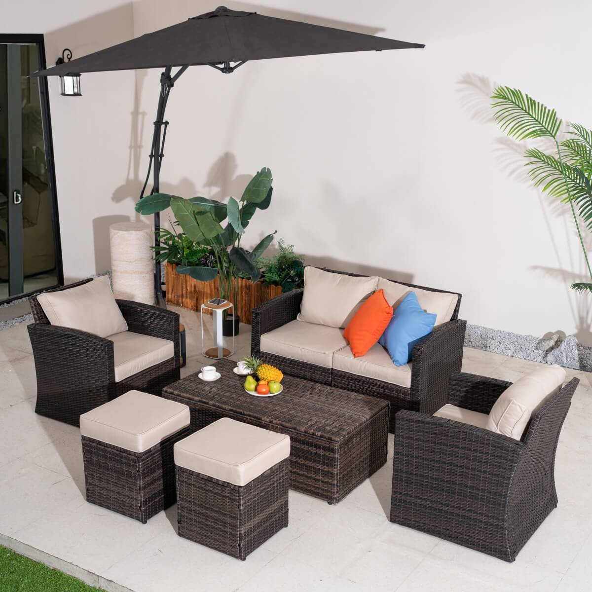 6 Seater Outdoor Rattan Sofa Set – Garden Lounge with Coffee Table Featuring Built-In Storage and Footstools