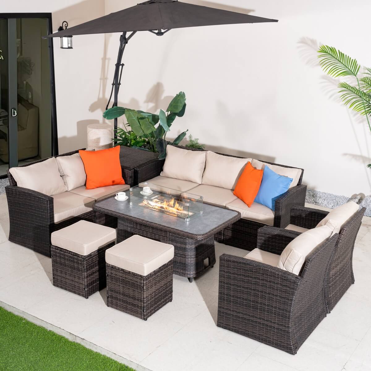 9 Seater Outdoor Rattan Fire Pit Sofa Set – Garden Lounge with Adjustable Height Rectangular Fire Pit Table