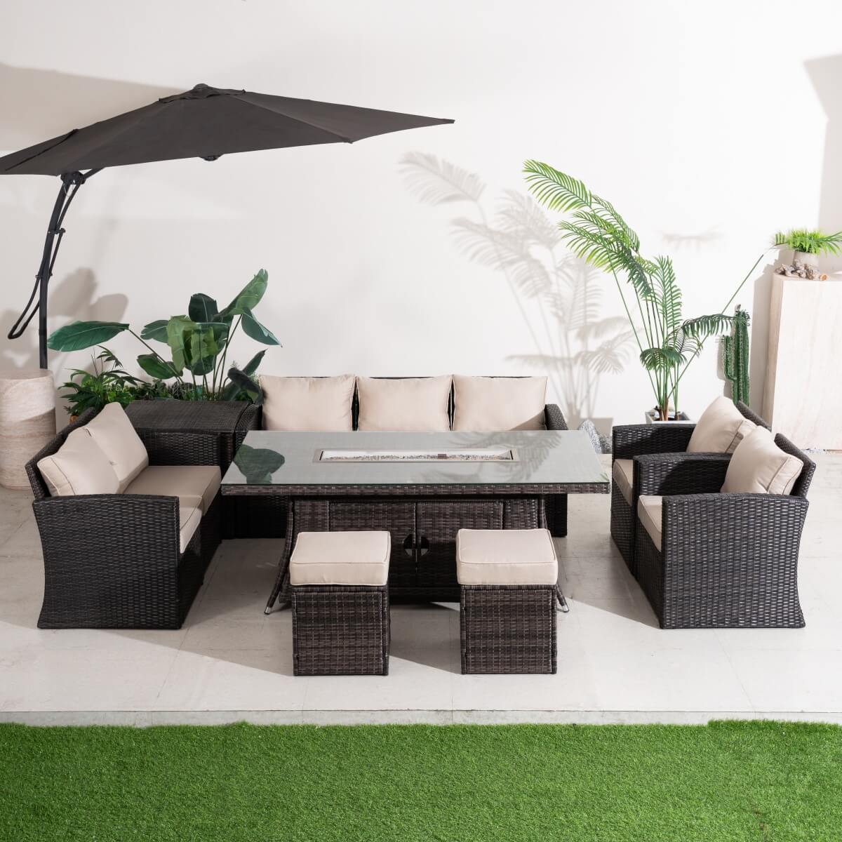 9 Seater Outdoor Rattan Fire Pit Sofa Set – Garden Lounge with Rectangular Fire Pit Table and Side Table with Built-In Storage