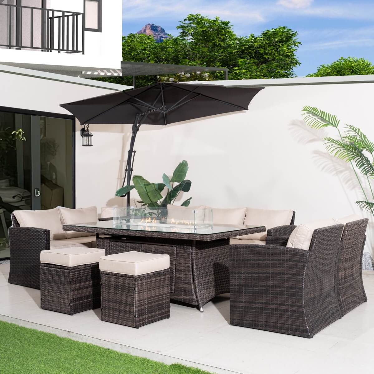 9 Seater Outdoor Rattan Fire Pit Sofa Set – Garden Lounge with Rectangular Fire Pit Table and Side Table with Built-In Storage