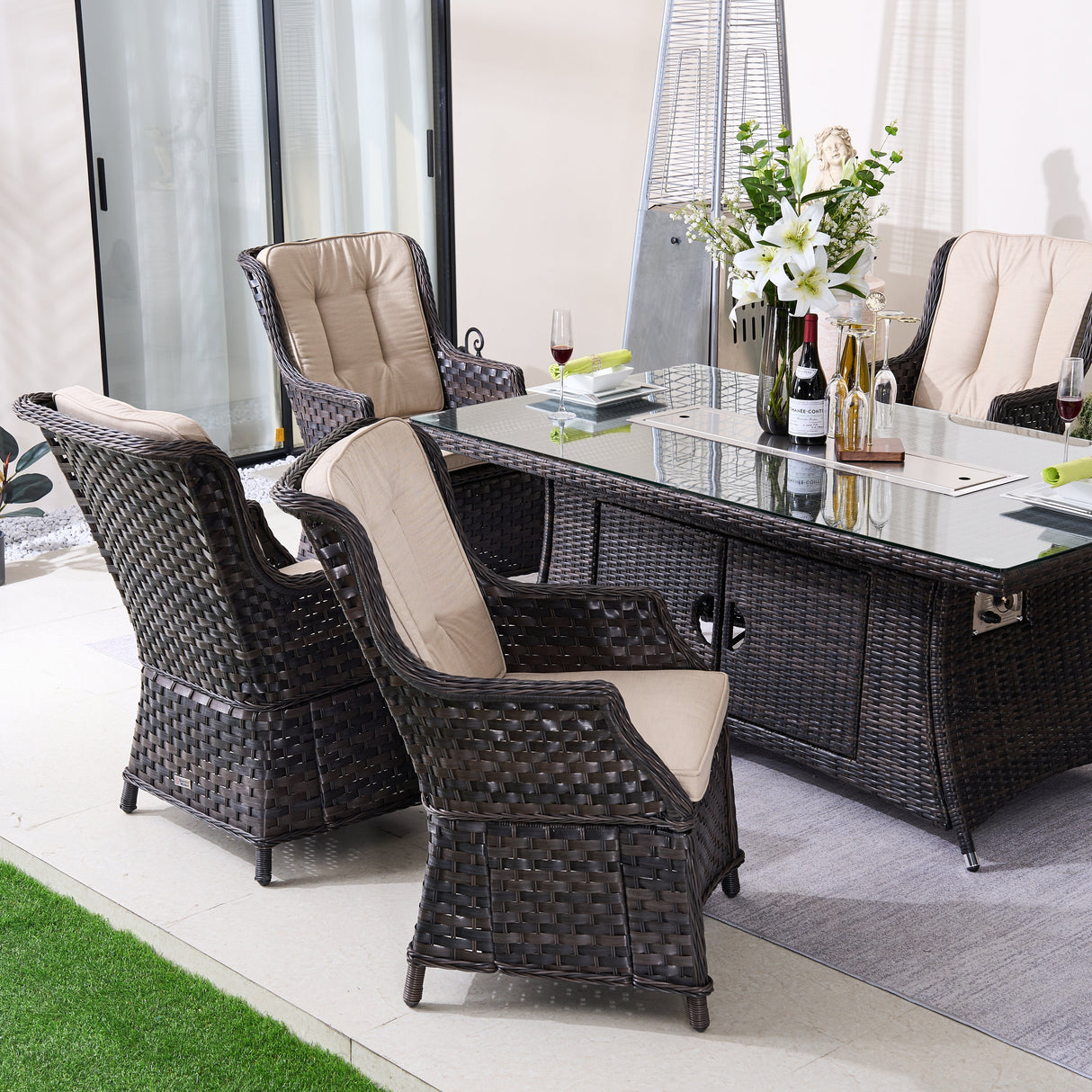 6-Seater Outdoor Patio Dining Set – Rectangle Fire Pit Table for Garden and Terrace