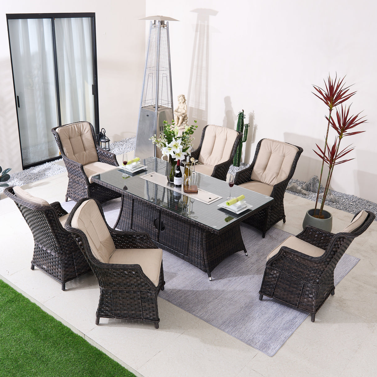 6-Seater Outdoor Patio Dining Set – Rectangle Fire Pit Table for Garden and Terrace