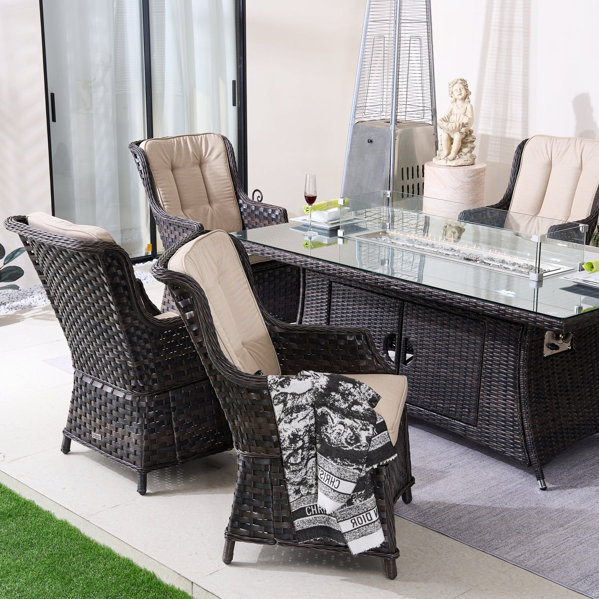 6-Seater Outdoor Patio Dining Set – Rectangle Fire Pit Table for Garden and Terrace