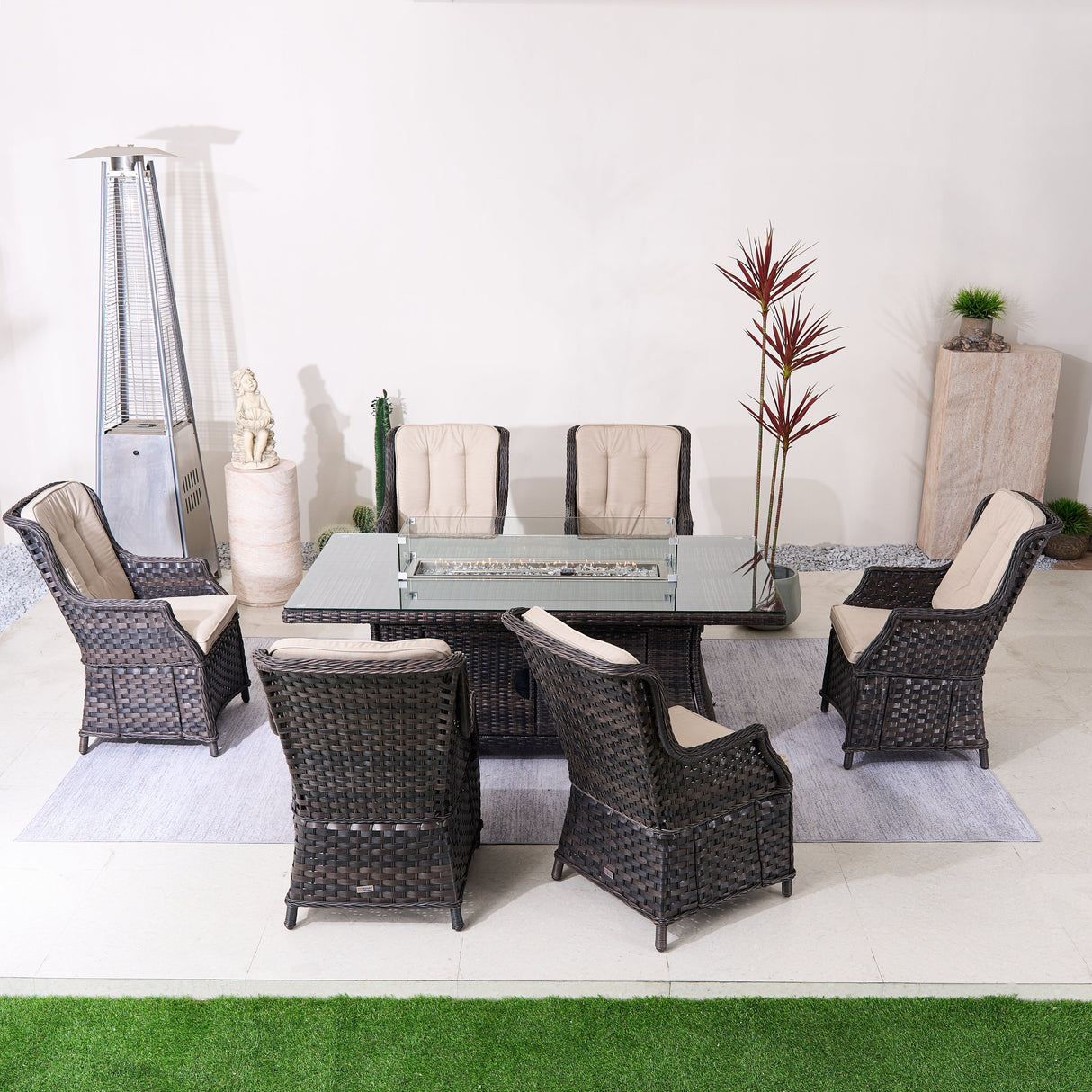 6-Seater Outdoor Patio Dining Set – Rectangle Fire Pit Table for Garden and Terrace