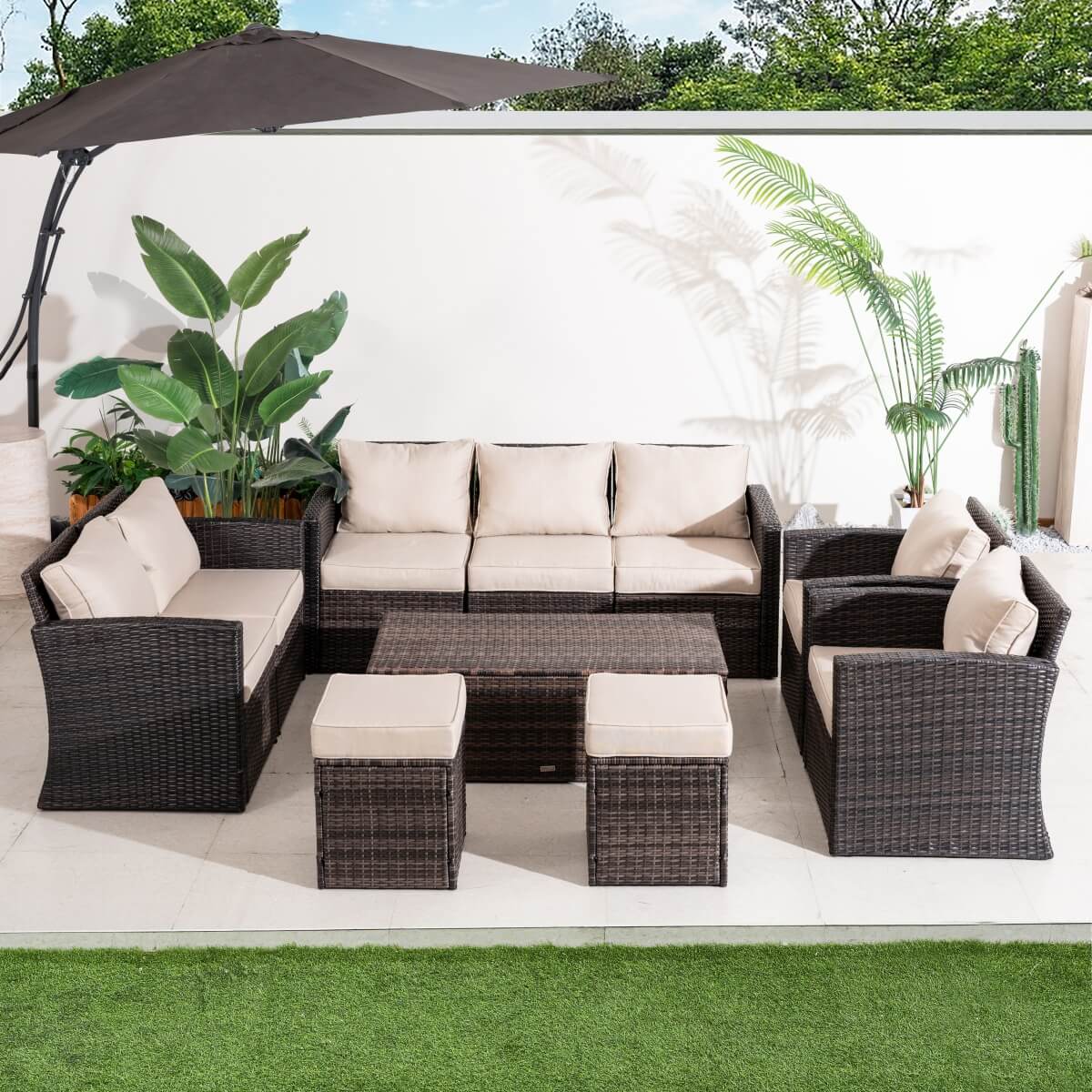 9 Seater Outdoor Rattan Sofa Set – Garden Lounge with Rectangular Coffee Table Featuring Built In Storage and Footstools
