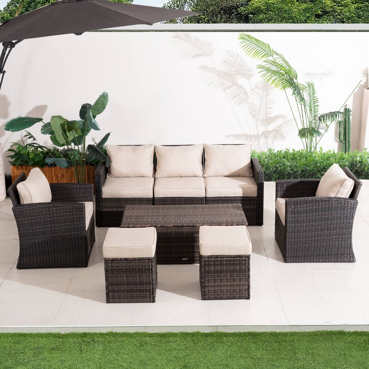7 Seater Rattan Garden Sofa Set – Outdoor Lounge Set with Storage Coffee Table and Footstools
