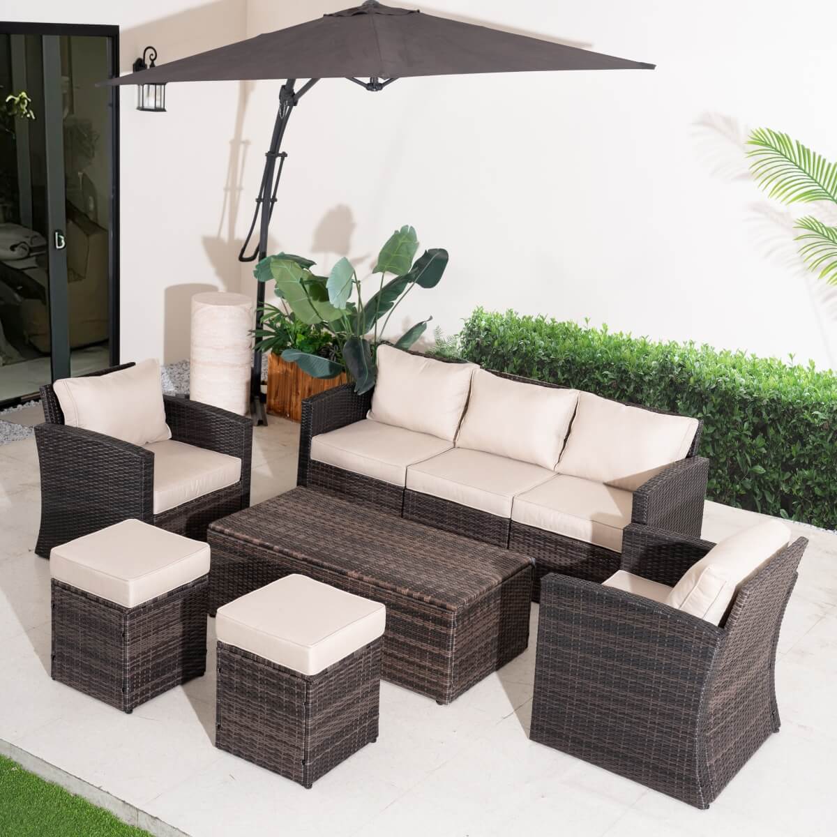 7 Seater Rattan Garden Sofa Set – Outdoor Lounge Set with Storage Coffee Table and Footstools