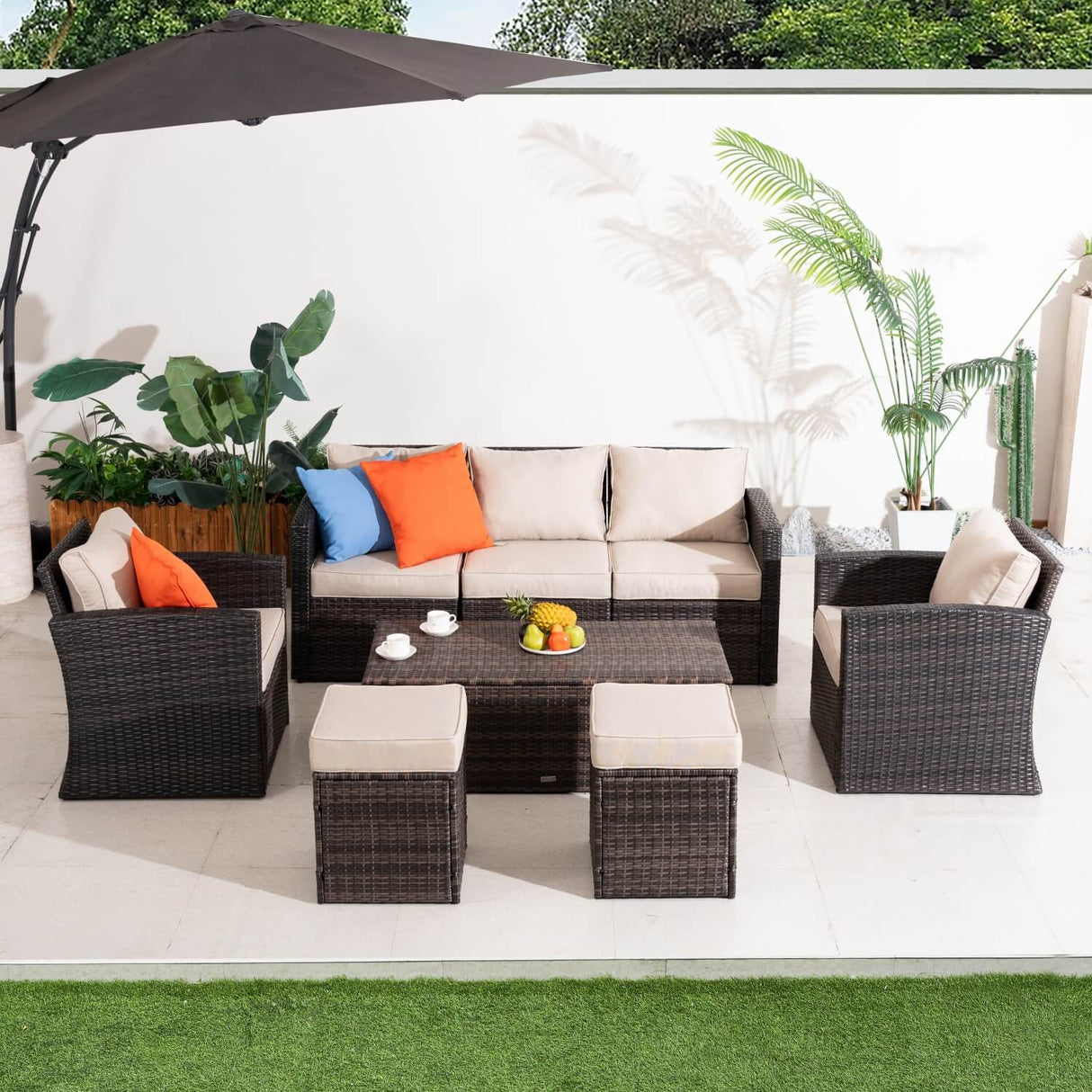 7 Seater Rattan Garden Sofa Set – Outdoor Lounge Set with Storage Coffee Table and Footstools