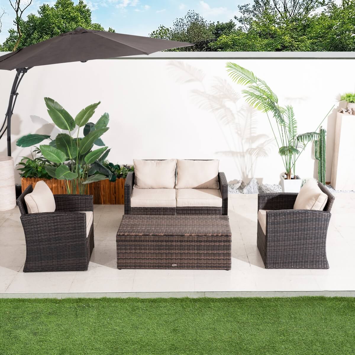 4 Seater Outdoor Rattan Sofa Set – Garden Lounge with Rectangular Coffee Table Featuring Built In Storage