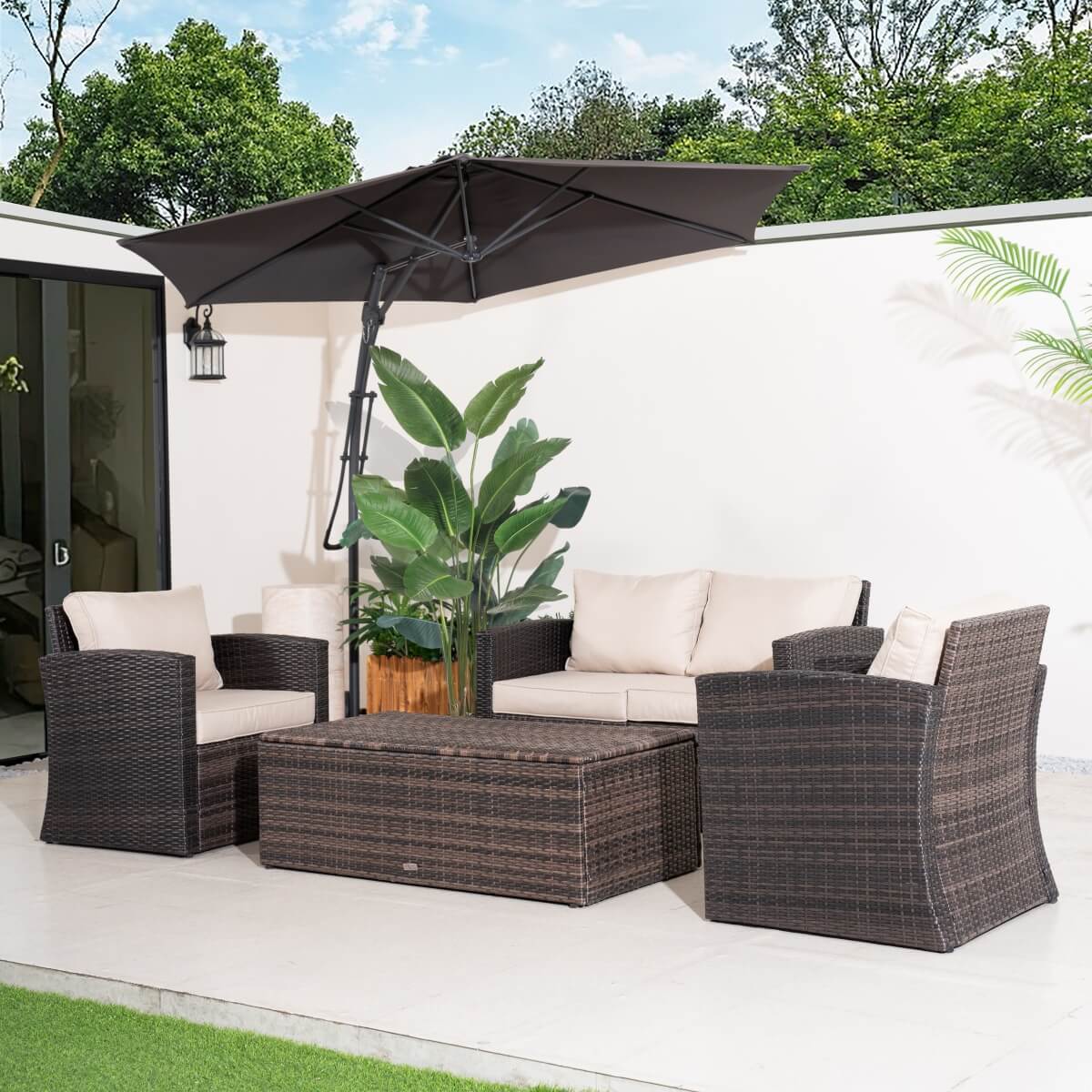 4 Seater Outdoor Rattan Sofa Set – Garden Lounge with Rectangular Coffee Table Featuring Built In Storage