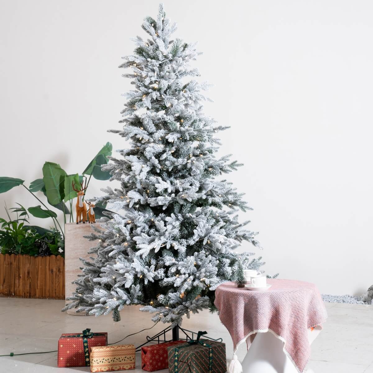 Pre-Lit Flocked Christmas Tree - Artificial Snow-Flocked Christmas Tree with Built-in Lights