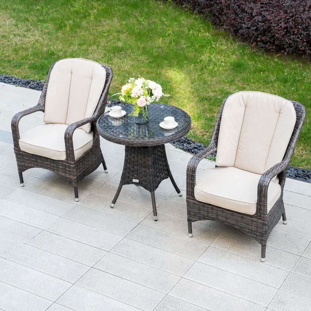 Outdoor Rattan Bistro Set - Round Garden Table and Chairs