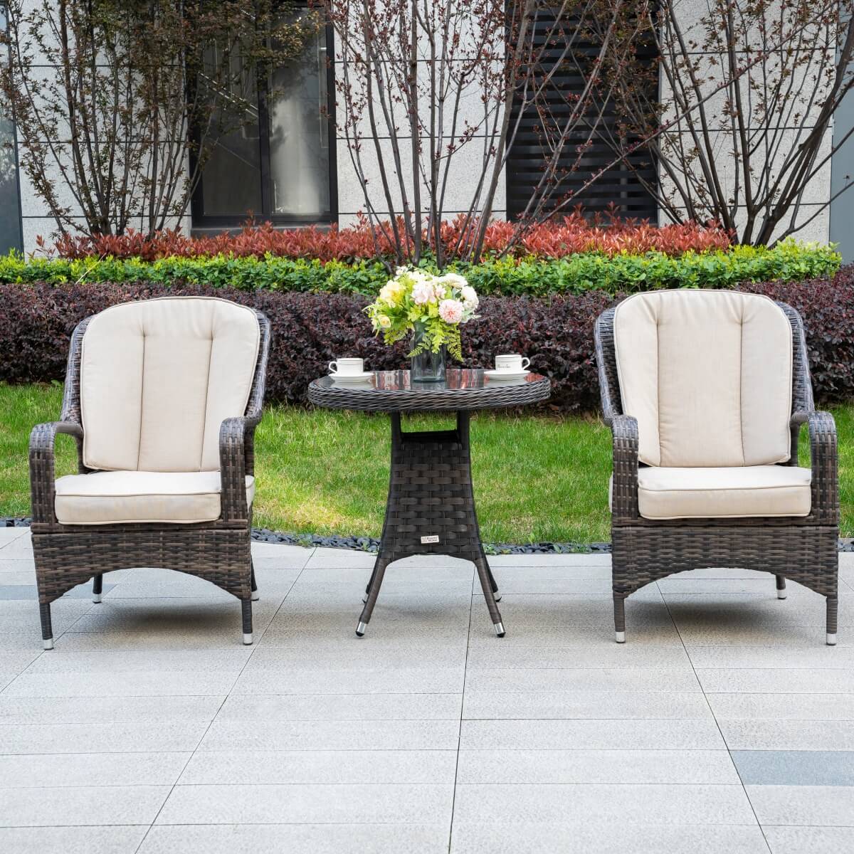 Outdoor Rattan Bistro Set - Round Garden Table and Chairs