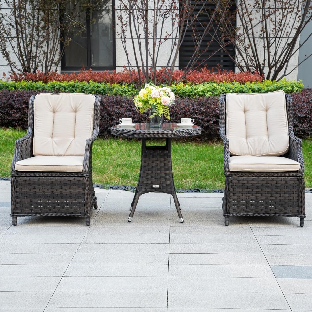 3 Piece Rattan Bistro Set - Round Outdoor Garden Table and Chairs