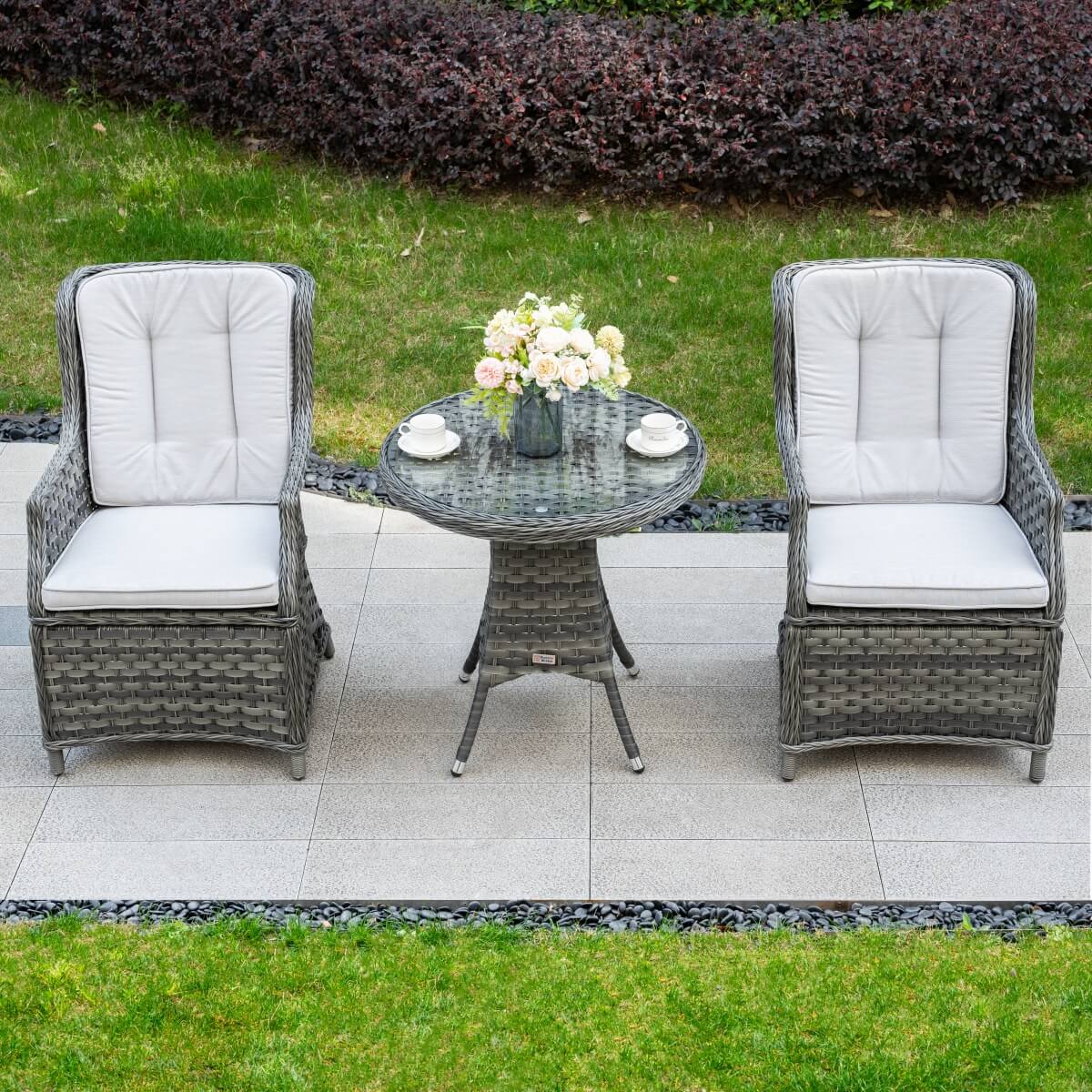 3 Piece Rattan Bistro Set - Round Outdoor Garden Table and Chairs