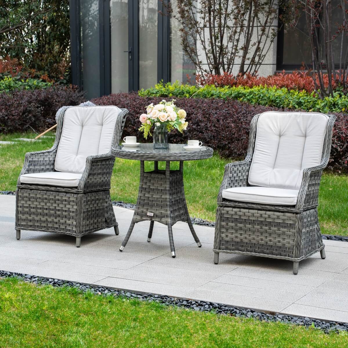 3 Piece Rattan Bistro Set - Round Outdoor Garden Table and Chairs