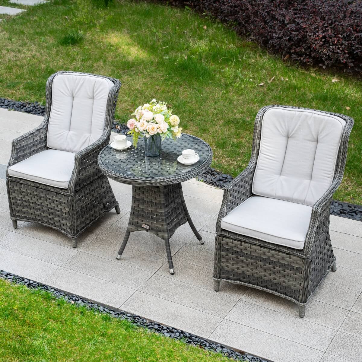3 Piece Rattan Bistro Set - Round Outdoor Garden Table and Chairs