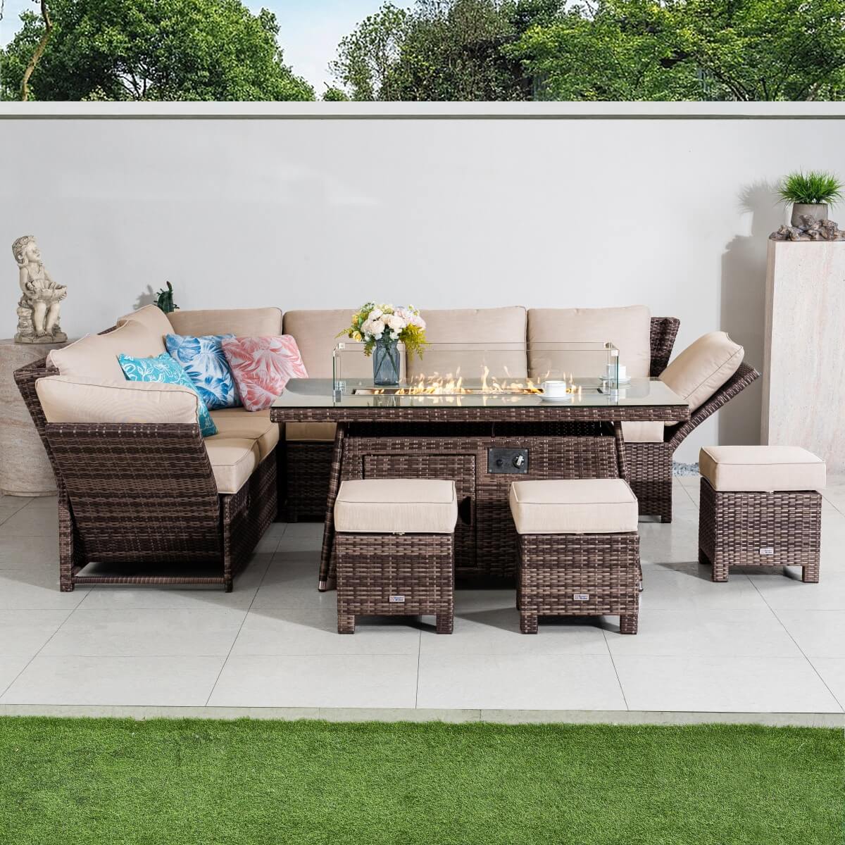 8-9 Seater Outdoor Fire Pit Set - Garden Corner Sofa with Rectangular Fire Pit Table, Footstools & Adjustable Armrests
