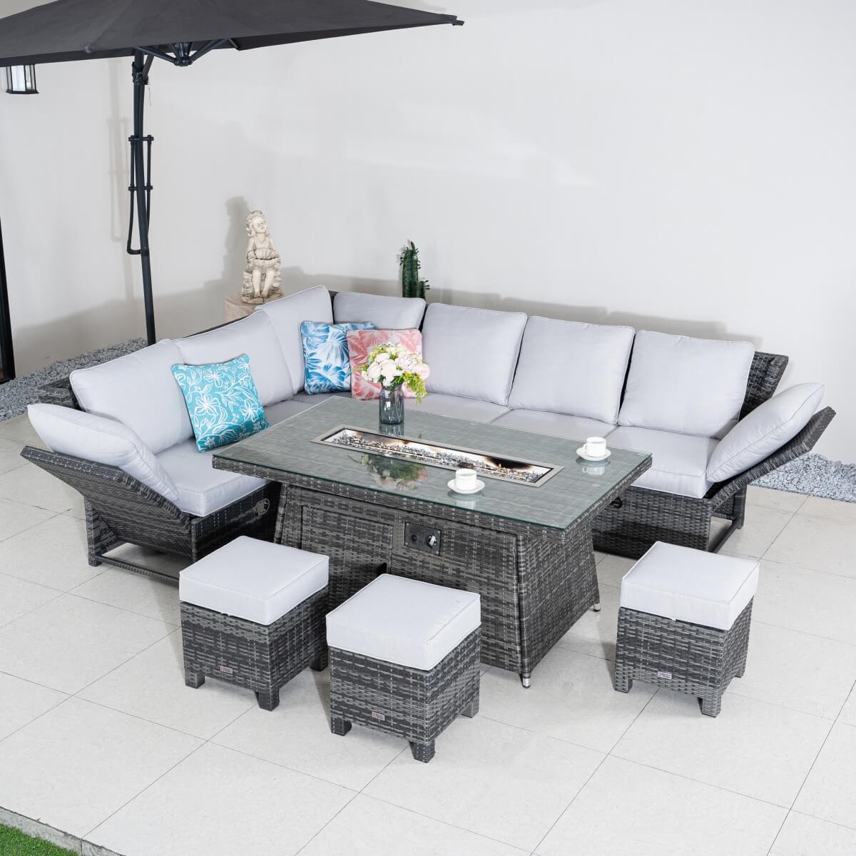 8-9 Seater Outdoor Fire Pit Set - Garden Corner Sofa with Rectangular Fire Pit Table, Footstools & Adjustable Armrests
