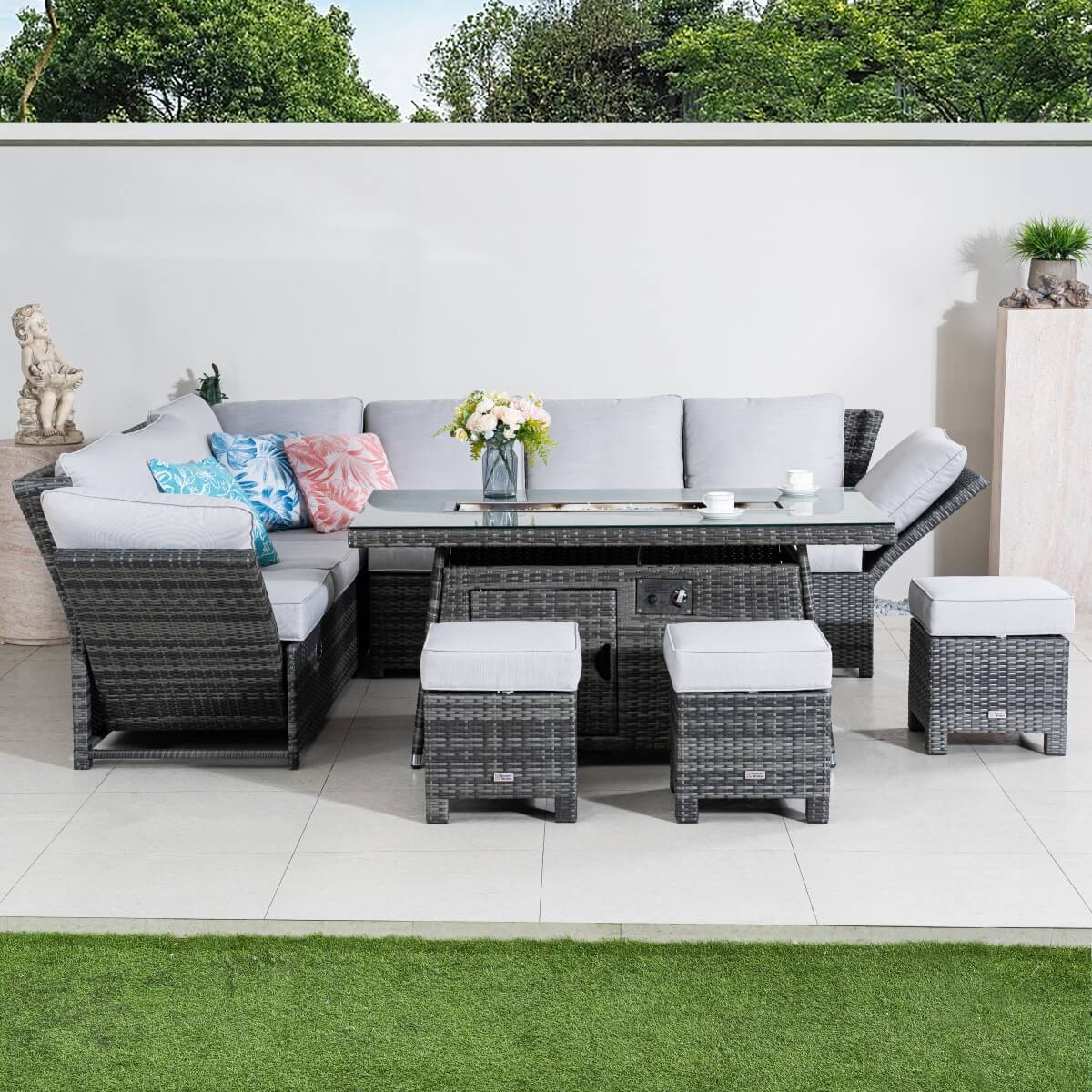 8-9 Seater Outdoor Fire Pit Set - Garden Corner Sofa with Rectangular Fire Pit Table, Footstools & Adjustable Armrests